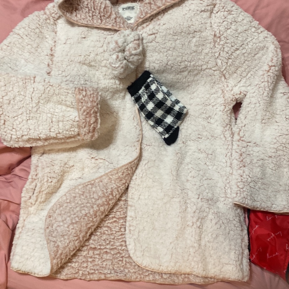 Brand new “Pink” Victoria’s Secret Oversized hooded jacket, socks and scrunchie